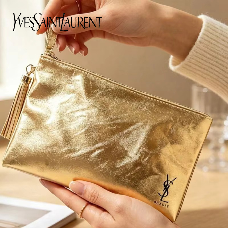 Luxury Designer Bags Ysl - Bolsa Cosmética Dourada YSL, Estojo Multifuncional